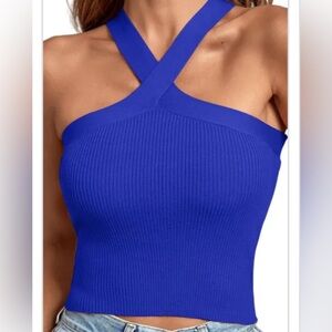 Blue Cross Neck Ribbed Top